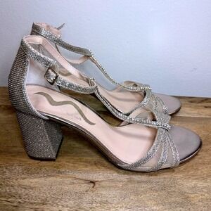 Nina Champagne‎ Gold Rhinestone T-Strap Block Heel Sandals 8.5